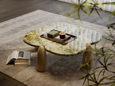 Modern Coffee Table With Marble Top Wooden Legs On Rug With Tray And Open Book 3d model
