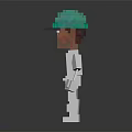 Pixel Art Style Doll With Green Helmet And White Outfit On Dark Background