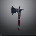Ornate Fantasy Battle Axe With Red Handle And Silver Decorative Accents