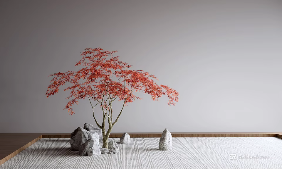 Japanese Style Garden Decor With Red Maple Tree Stones Gray Background Wall And Light Mat 3d model 