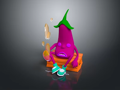 Purple Eggplant Shaped Game Movie Character With Green Hat Turquoise Shoes Sitting On Orange Box 3d model