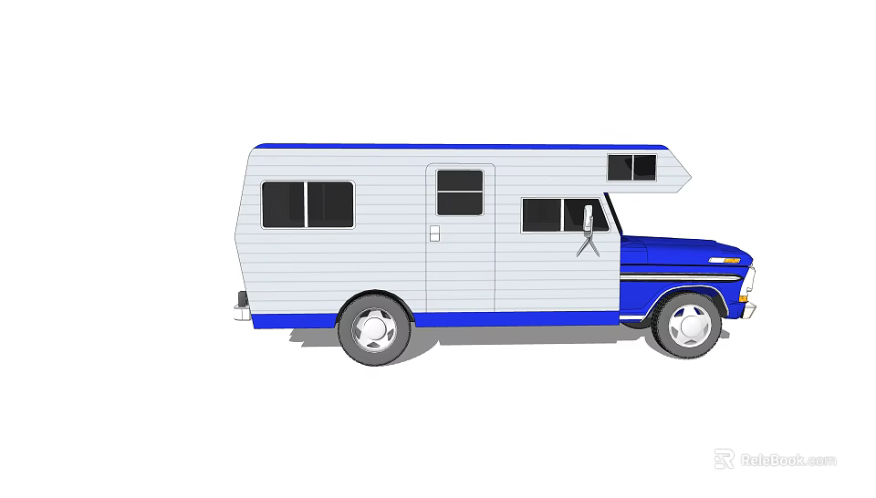 Blue and White Camper Van with Multiple Windows and Roof Extension Structure 3d model 
