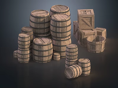 Various Sizes Wooden Barrels And Crates For Storage And Home Use 3d model