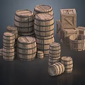 Various Sizes Wooden Barrels And Crates For Storage And Home Use