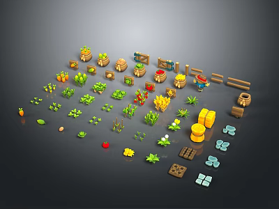 3D Farm Elements Including Crops Tools Wooden Barrels Fences Vegetables And Fruits 3d model