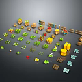 3D Farm Elements Including Crops Tools Wooden Barrels Fences Vegetables And Fruits