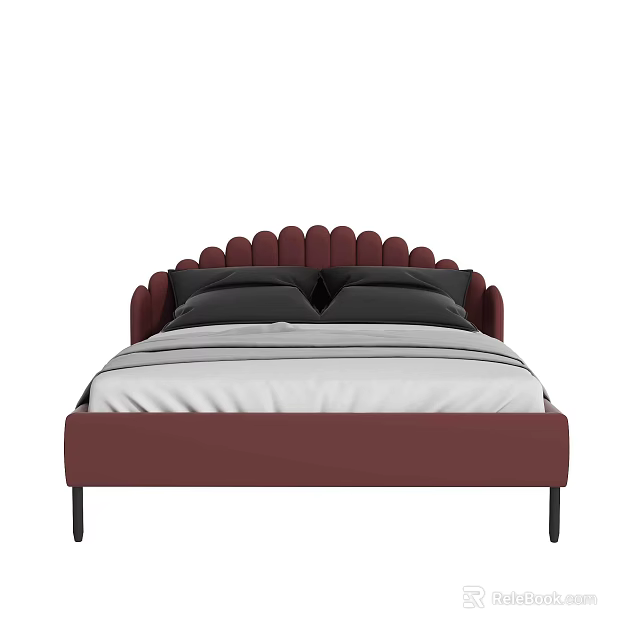 Burgundy Double Bed With Scalloped Headboard Gray Pillows And White Striped Bedspread 3d model 