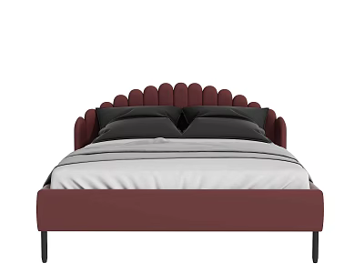 Burgundy Double Bed With Scalloped Headboard Gray Pillows And White Striped Bedspread 3d model