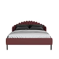 Burgundy Double Bed With Scalloped Headboard Gray Pillows And White Striped Bedspread