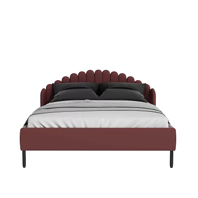 Burgundy Double Bed With Scalloped Headboard Gray Pillows And White Striped Bedspread 3d model