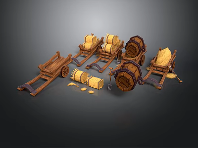 Medieval Wooden Carts Barrels And Hay Bales With Scattered Hay Pieces 3d model