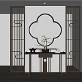 Chinese Style Entry Console Table With Decorative Screen Round Mirror And Potted Plant 3d model