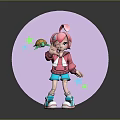 Pink Haired Cartoon Character With Cute Green Bird And Star Decorations