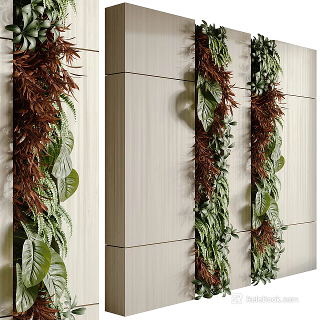 Living Plant Wall Design With Green Leaves And Brown Foliage On Light Colored Indoor Wall 3d model 