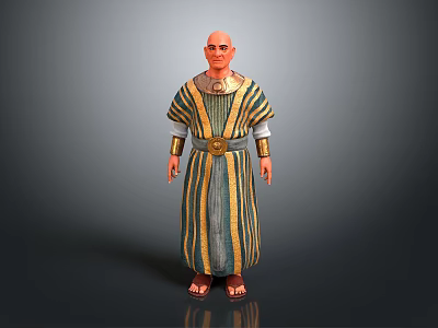 3D Ancient Egyptian Character Model In Blue Yellow Striped Robe With Golden Belt And Sandals 3d model