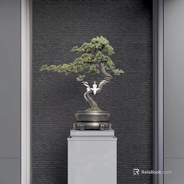 Pine Bonsai Plant In Elegant Pot On Stone Pedestal Against Gray Textured Wall 3d model 