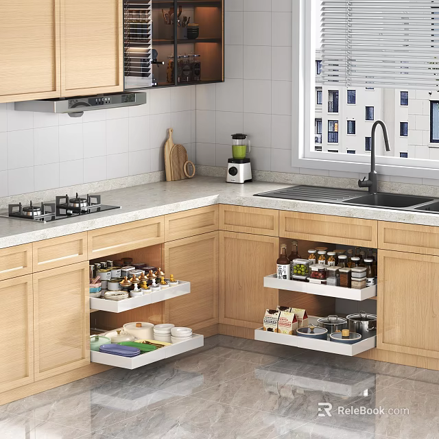 Wooden Kitchen Cabinet Interior With Open Shelves Holding Organized Dinnerware Set 3d model 