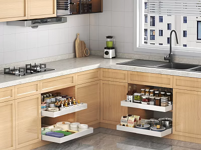Wooden Kitchen Cabinet Interior With Open Shelves Holding Organized Dinnerware Set 3d model