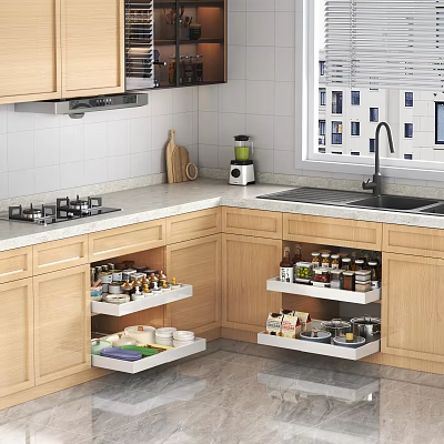 Wooden Kitchen Cabinet Interior With Open Shelves Holding Organized Dinnerware Set 3d model