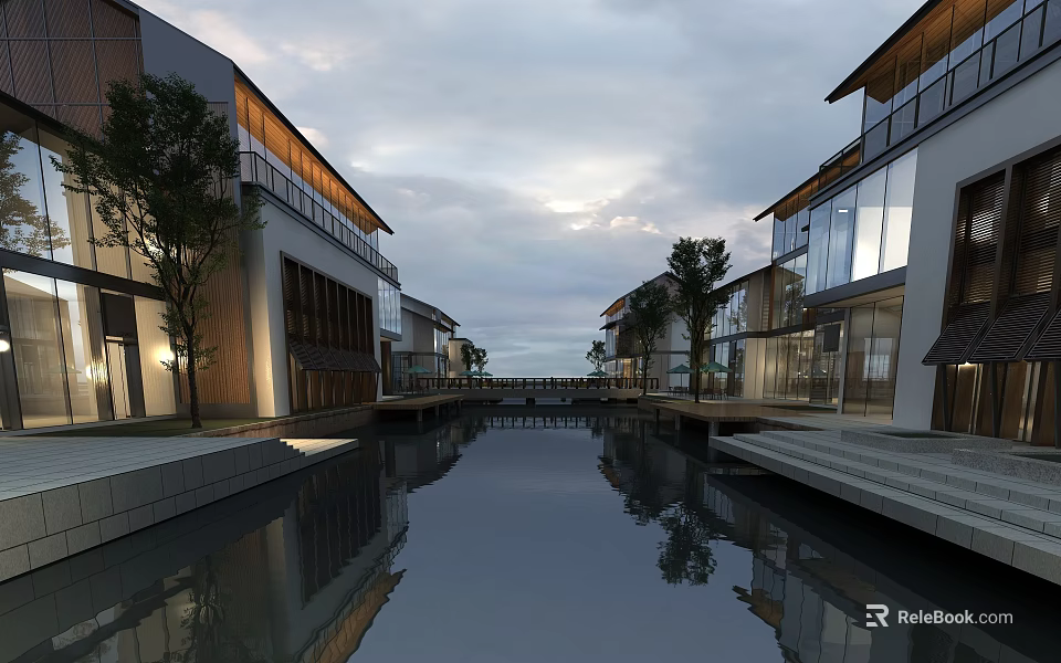 Modern Commercial Street With Canal Modern Buildings Glass Facades Trees And Water Reflections 3d model 