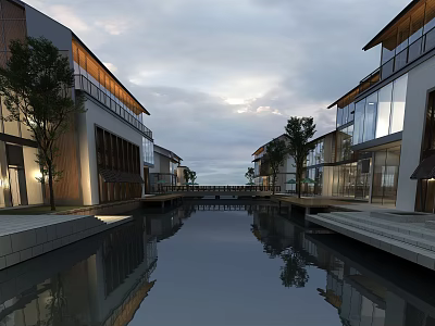 Modern Commercial Street With Canal Modern Buildings Glass Facades Trees And Water Reflections 3d model