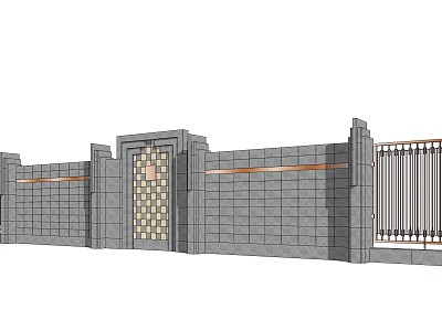 Building Exterior Wall With Gray Stone Decorative Gate Lattice Pattern Metal Railings And Orange Strips 3d model