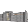 Building Exterior Wall With Gray Stone Decorative Gate Lattice Pattern Metal Railings And Orange Strips