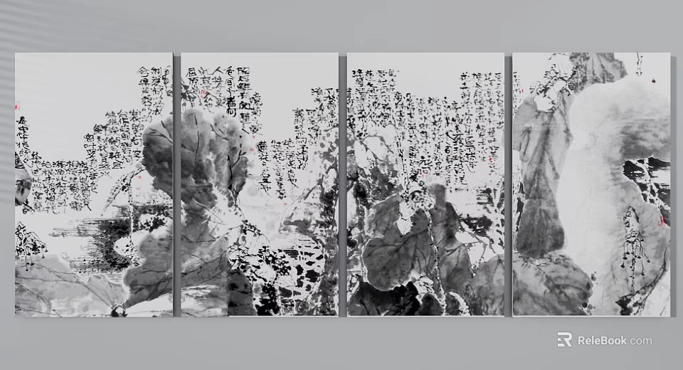 Ink Wash Style Multi Panel Botanical Paintings With Lotus Leaves And Calligraphy 3d model 