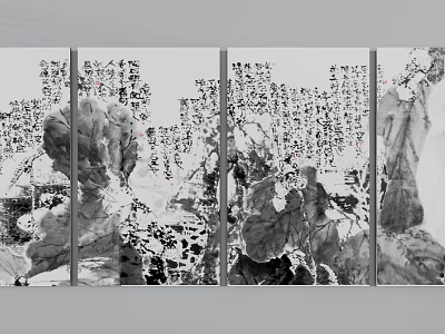 Ink Wash Style Multi Panel Botanical Paintings With Lotus Leaves And Calligraphy 3d model