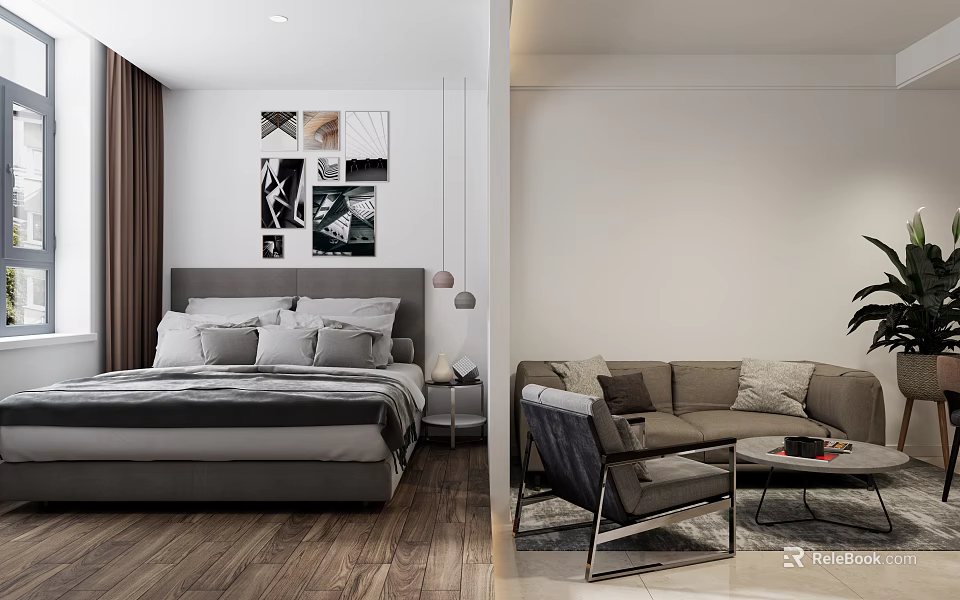 Modern Minimalist Bedroom Living Area With Wall Art Sofa And Chair 3d model 
