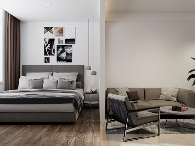 Modern Minimalist Bedroom Living Area With Wall Art Sofa And Chair 3d model