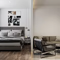 Modern Minimalist Bedroom Living Area With Wall Art Sofa And Chair