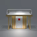 Specialty Store Display Cabinet Featuring Gold Frame Transparent Glass White Countertop And Red Accent