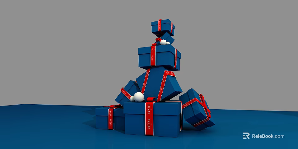 Commercial Gift Box Display Equipment With Stacked Blue Boxes Red Ribbons And White Balls 3d model 