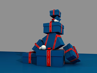 Commercial Gift Box Display Equipment With Stacked Blue Boxes Red Ribbons And White Balls 3d model