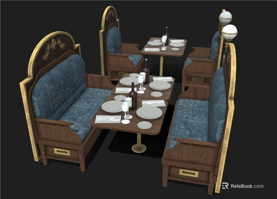 Classic Dining Table Set With Wooden Frame Golden Trim Blue Sofa Upholstery And Tableware 3d model 