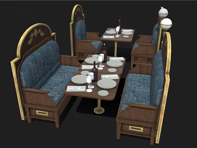 Classic Dining Table Set With Wooden Frame Golden Trim Blue Sofa Upholstery And Tableware 3d model