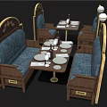 Classic Dining Table Set With Wooden Frame Golden Trim Blue Sofa Upholstery And Tableware