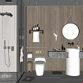 Elegant Modern Bathroom Interior With Glass Shower Wooden Panel Walls Marble Counter And Round Mirror