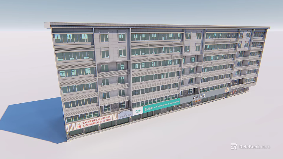 Modern Multistorey Building Exterior With Ground Floor Shops And Numerous Windows 3d model 