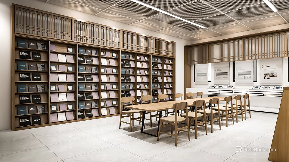 Spacious School Reading Room With Bookshelves And Chairs 3d model