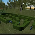 Outdoor Maze Play Equipment With Various Shapes On Green Lawn Grass And People Playing