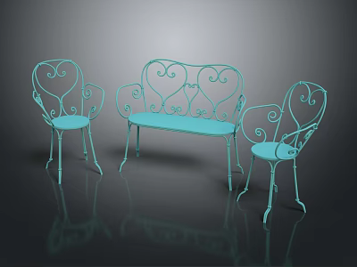 Turquoise Iron Outdoor Chairs with Curved Scroll Design for Garden Patio 3d model