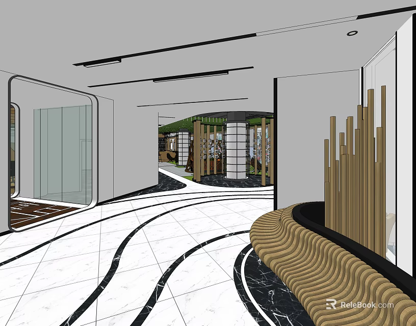 Modern Lounge Area With White Marble Floor Black Lines Curved Wooden Bench Glass And Greenery 3d model 