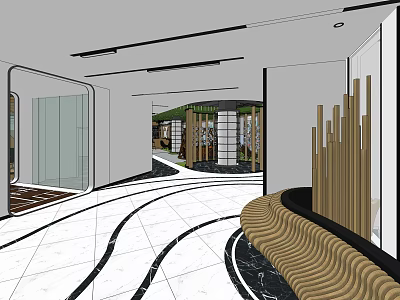 Modern Lounge Area With White Marble Floor Black Lines Curved Wooden Bench Glass And Greenery 3d model