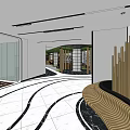 Modern Lounge Area With White Marble Floor Black Lines Curved Wooden Bench Glass And Greenery