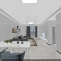 Modern Living And Dining Room Interior With Sofa Dining Table Decorative Paintings And Curtains