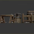 Rustic Wooden Household Supplies With Barrels Anvil And Trestles For Daily Use