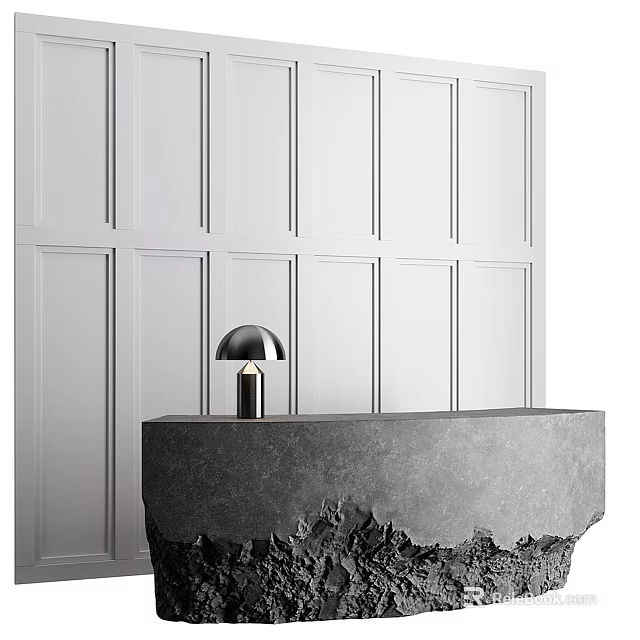 Hotel Front Desk With Stone Countertop And Modern Lamp Against Paneled Walls 3d model 