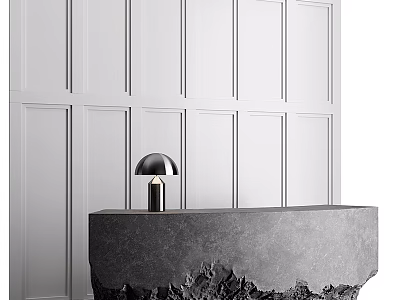 Hotel Front Desk With Stone Countertop And Modern Lamp Against Paneled Walls 3d model